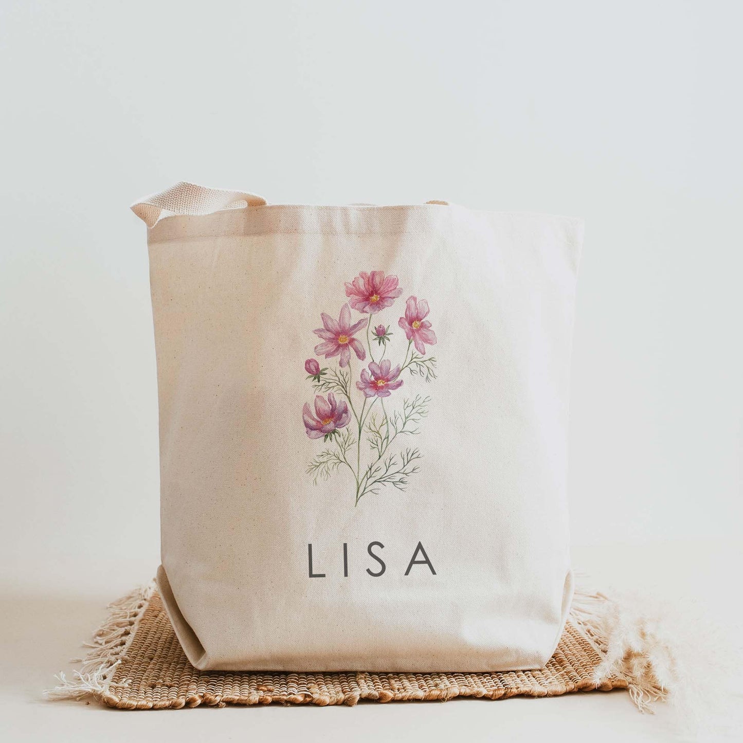 Birth Month Flower Personalized Canvas Tote Bag, Bachelorette Bridesmaid gifts, Birthday Gift for her, Wedding Gift, Gift for Mom, 62-TB