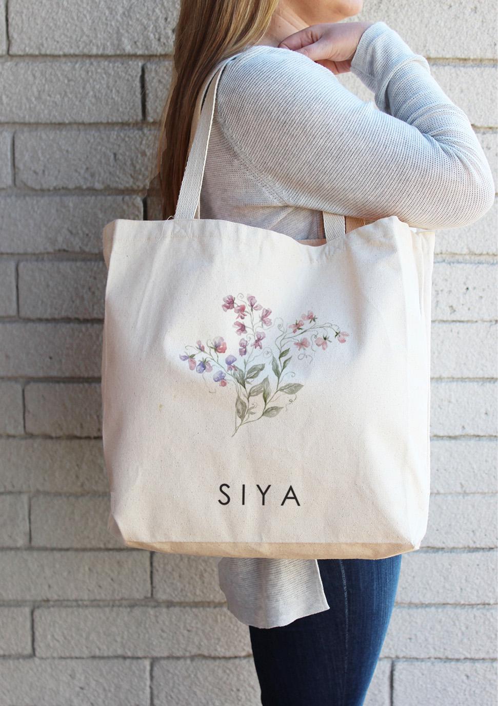 Birth Month Flower Personalized Canvas Tote Bag, Bachelorette Bridesmaid gifts, Birthday Gift for her, Wedding Gift, Gift for Mom, 62-TB