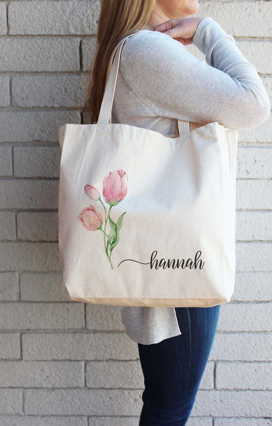 Tulip Flower Personalized Canvas Tote Bag, Bachelorette Bridesmaid gifts, Birthday Gift for her, Wedding Gift, Gift for Mom,72-TB