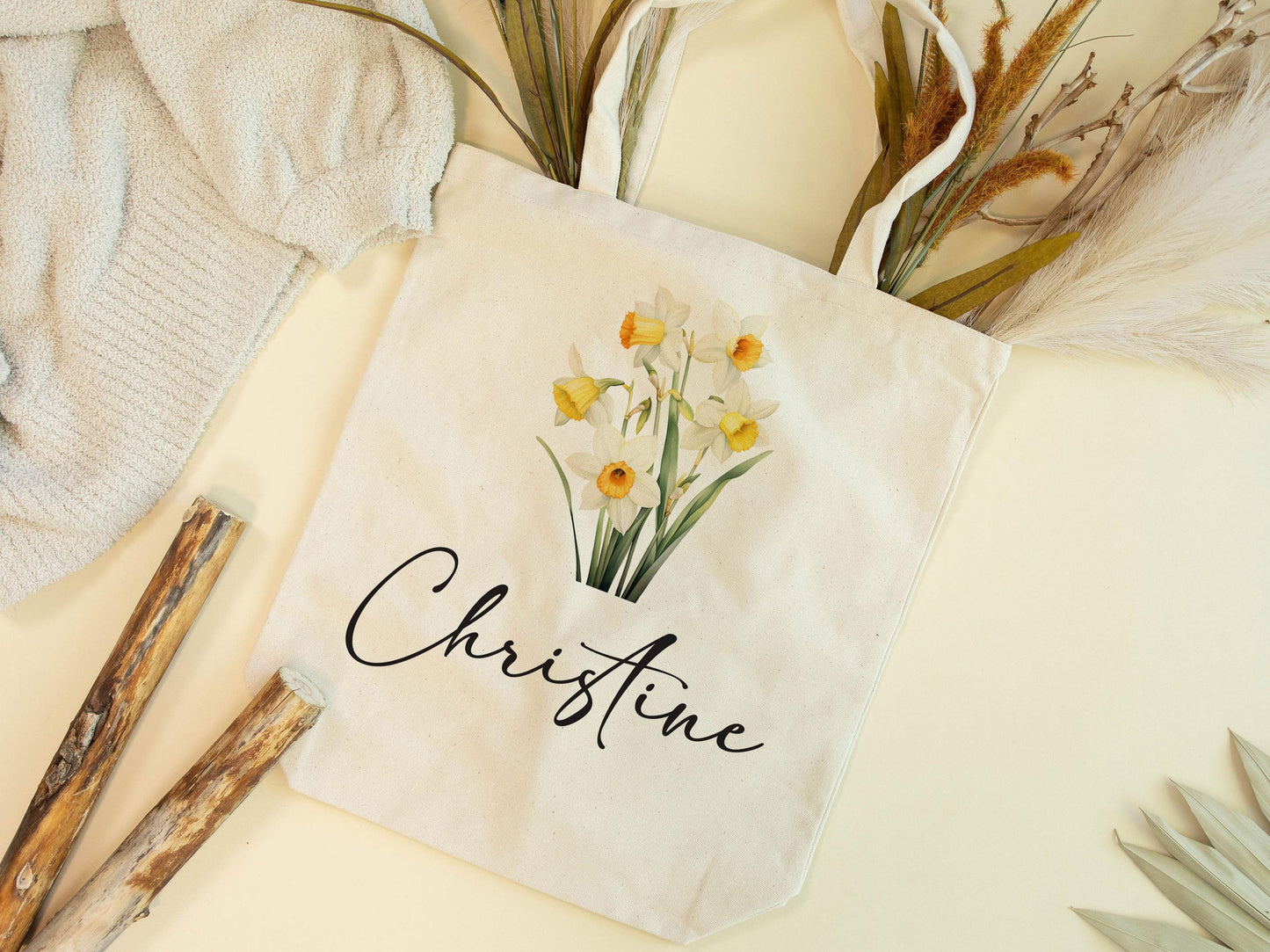 Daffodil Canvas Tote Bags,Birthday Gift for her, Bridal Party Gift, Mother Days Gift for Mom, Birth Flower Gift, Wedding gift, 510-TB