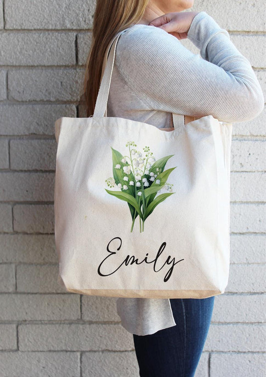 Lily of the valley Canvas Tote Bags gift for her, May Birth Flower Birthday Gift, Wedding Bridal Party Gift, Tote bag Gift for Mom, 470-TB