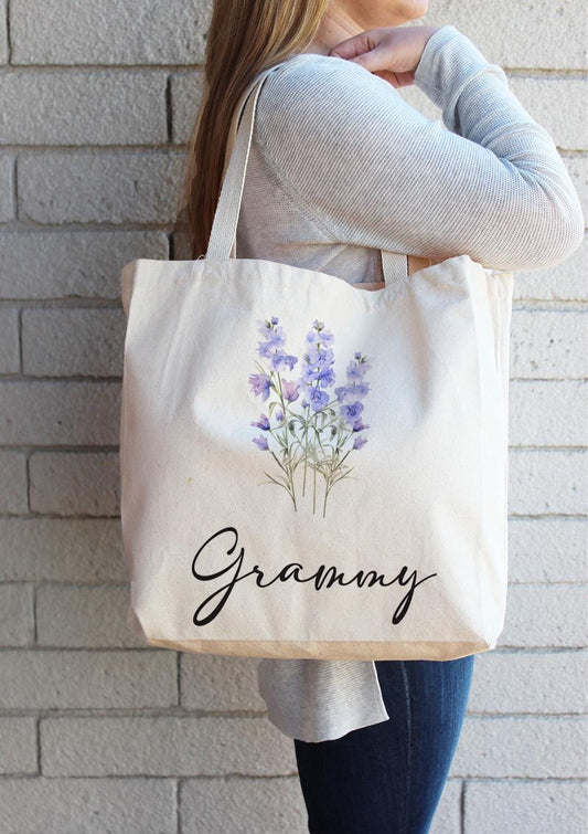 Larkspur Canvas Tote Bags, Birthday Gift for her, bachelorette parties Gift, Gift for Mom, Birth Flower Gift,Wedding bridesmaids Gift,510-TB